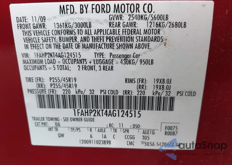 2010 Ford Taurus Sho from USA, damaged, VIN 1FAHP2KT4AG124515